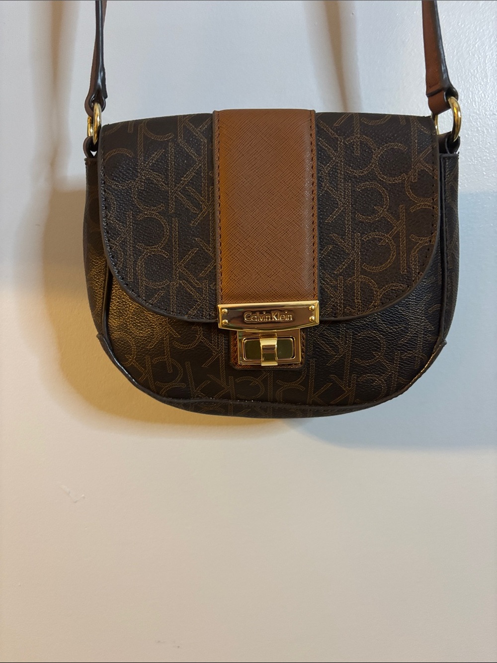 Calvin Klein Brown and Tan Logo Crossbody Bag